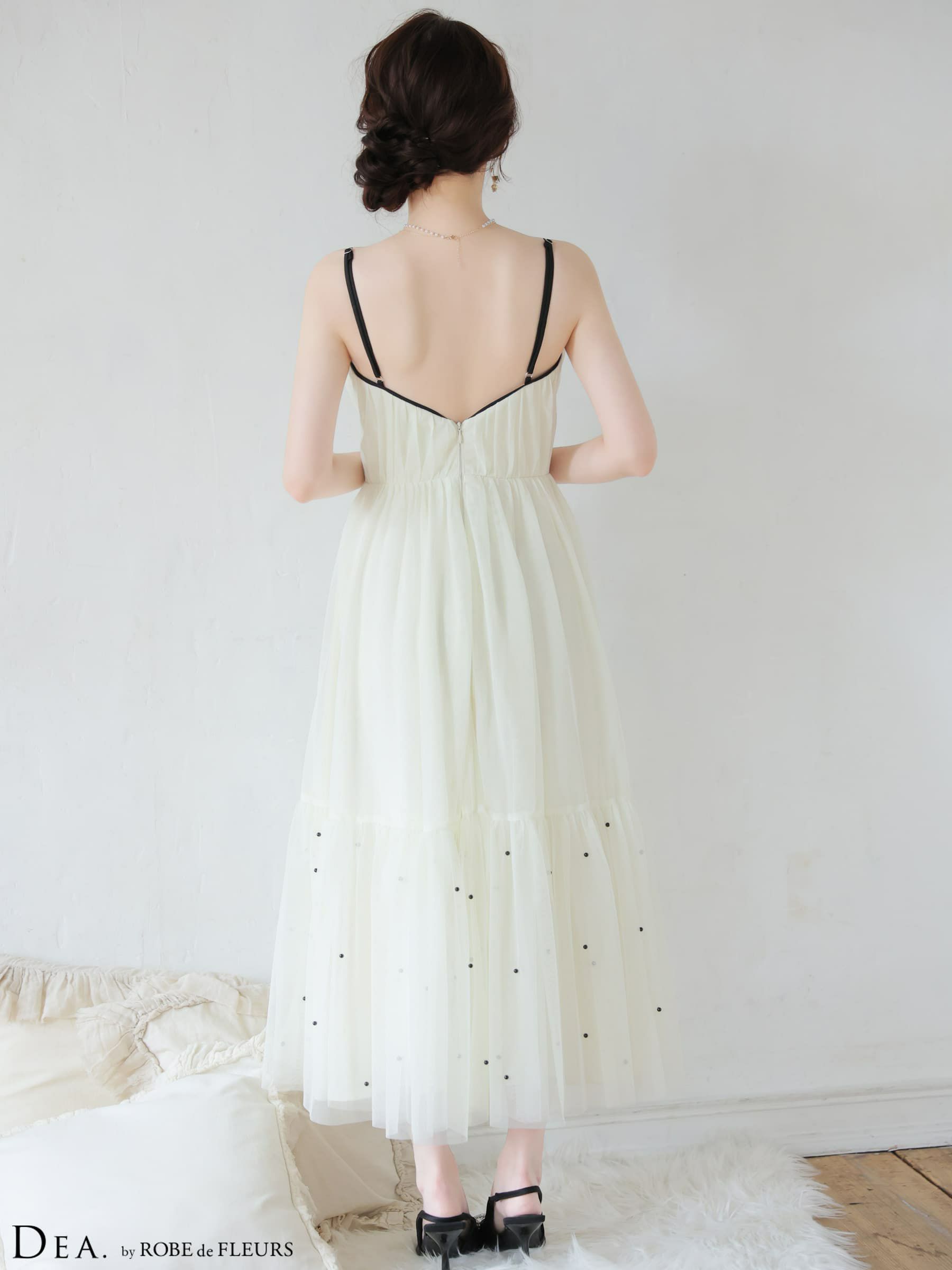 ROBE de FLEURS ローブドフルール 【XSサイズあり】 ドットパールリボン チュールフレアロングキャバドレス fm4335-c