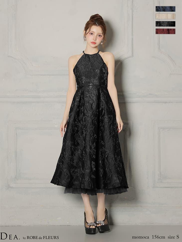 DEA. ディア バイ ローブドフルール 【XSサイズ～Lサイズあり】 ラメジャガードハイネックフレアロングキャバドレス de4332-c