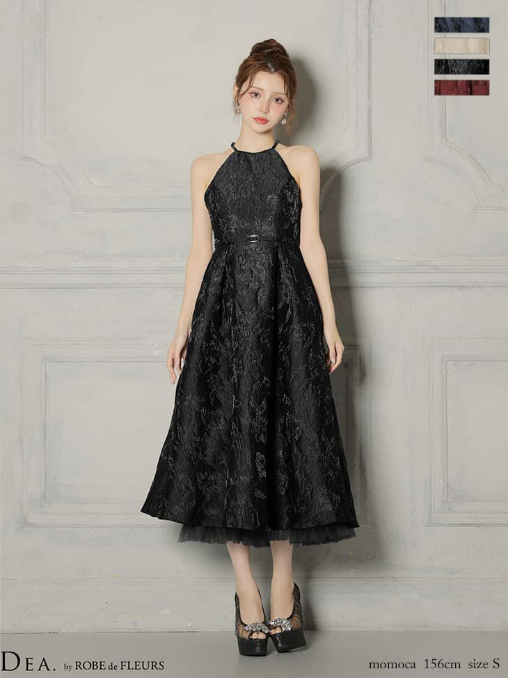 DEA. ディア バイ ローブドフルール 【XSサイズ～Lサイズあり】 ラメジャガードハイネックフレアロングキャバドレス de4332-c