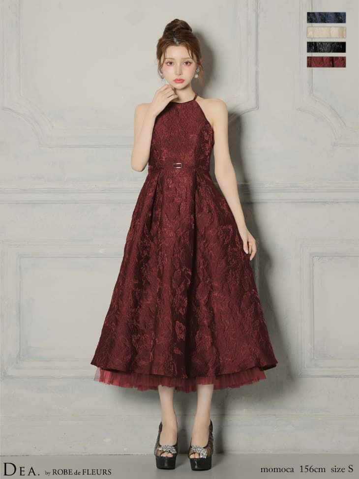 DEA. ディア バイ ローブドフルール 【XSサイズ～Lサイズあり】 ラメジャガードハイネックフレアロングキャバドレス de4332-c