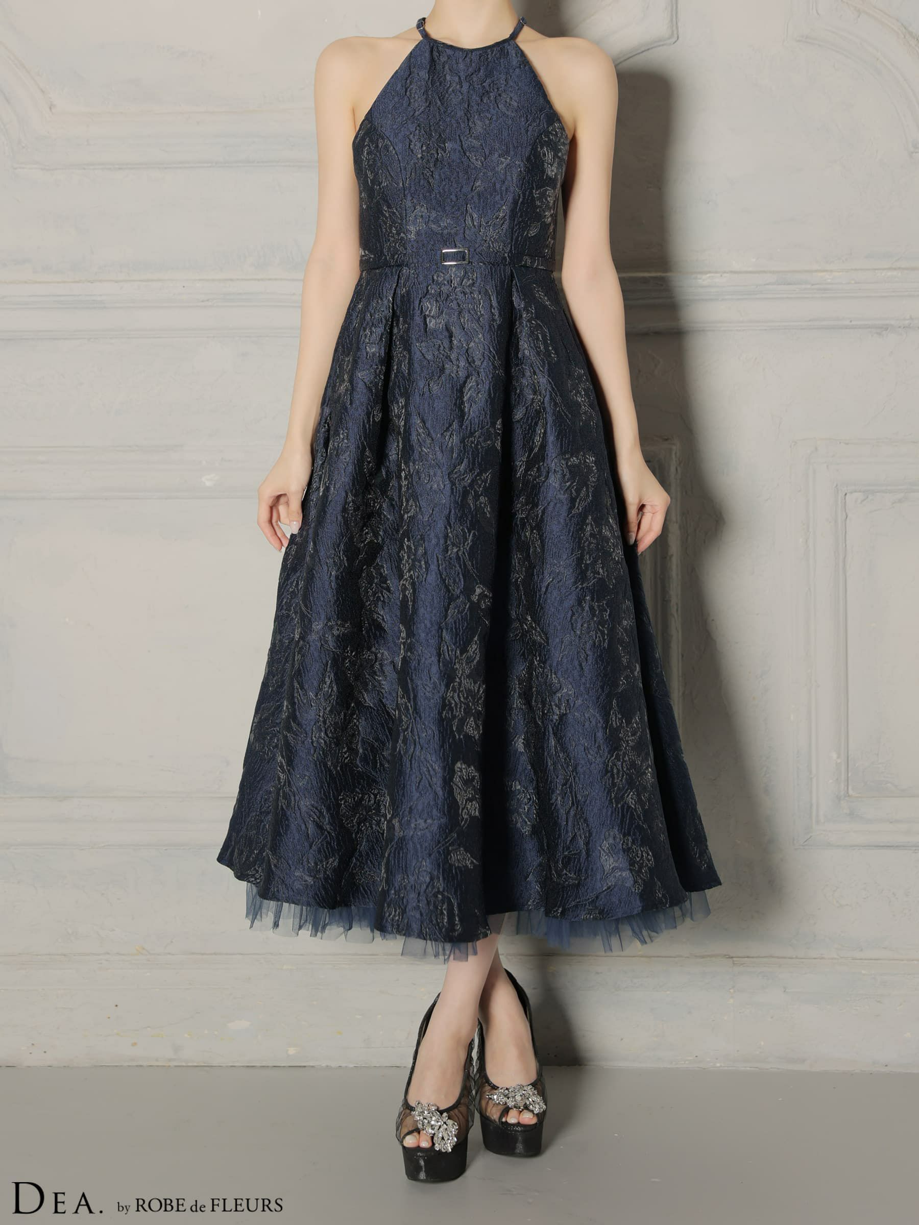 DEA. ディア バイ ローブドフルール 【XSサイズ～Lサイズあり】 ラメジャガードハイネックフレアロングキャバドレス de4332-c