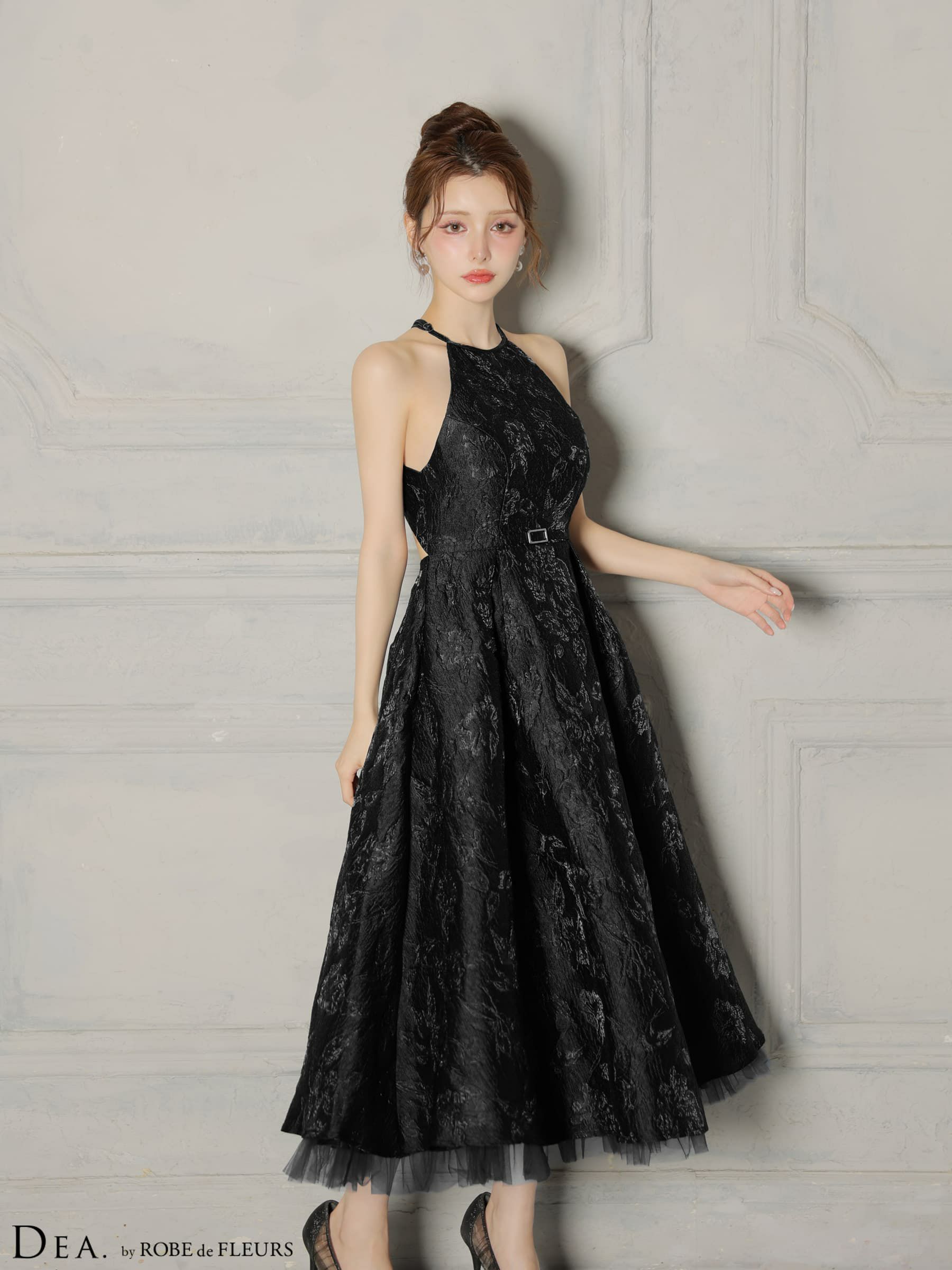 DEA. ディア バイ ローブドフルール 【XSサイズ～Lサイズあり】 ラメジャガードハイネックフレアロングキャバドレス de4332-c