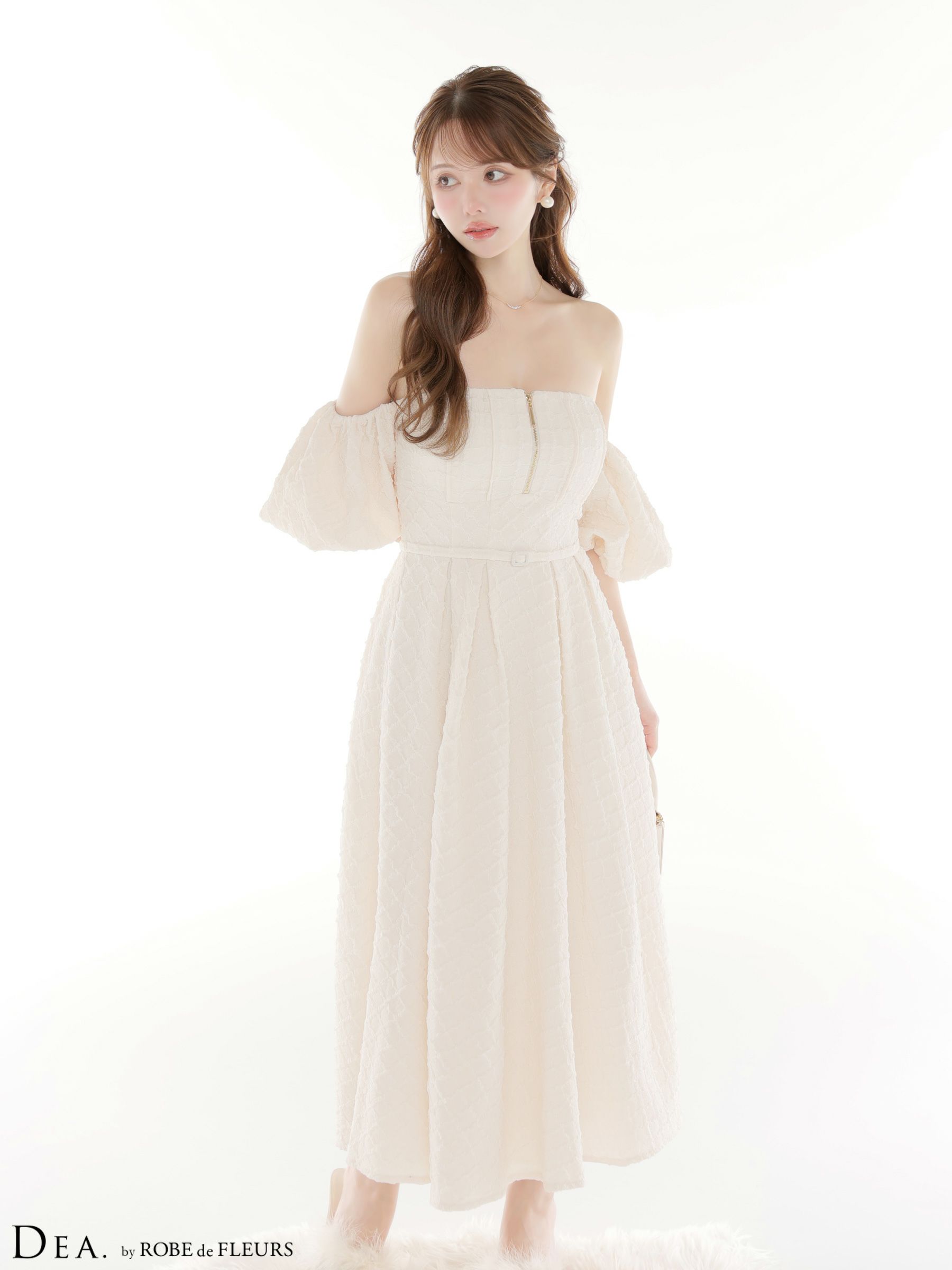 DEA. ディア バイ ローブドフルール 【Lサイズあり】 ラメジャガードオフショルバルーンスリーブロングキャバドレス de4334-c