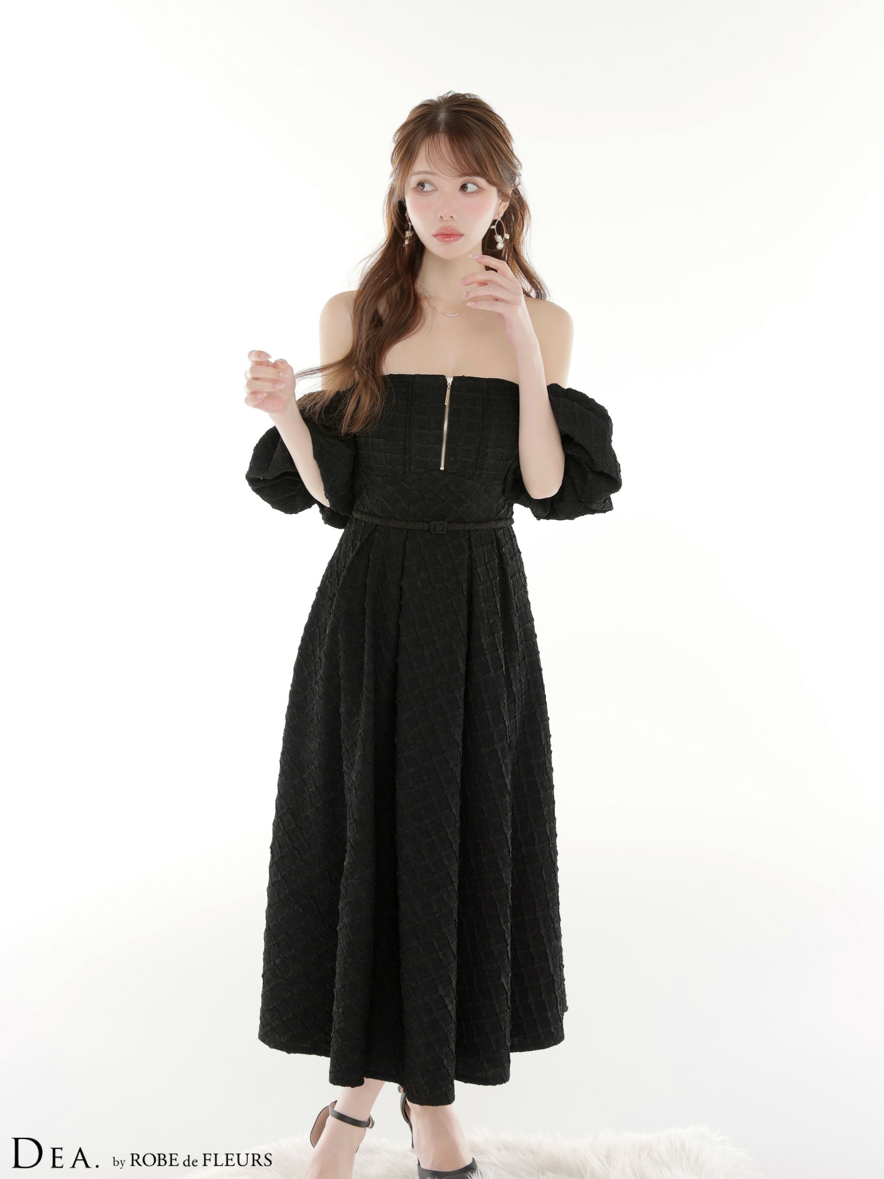 DEA. ディア バイ ローブドフルール 【Lサイズあり】 ラメジャガードオフショルバルーンスリーブロングキャバドレス de4334-c