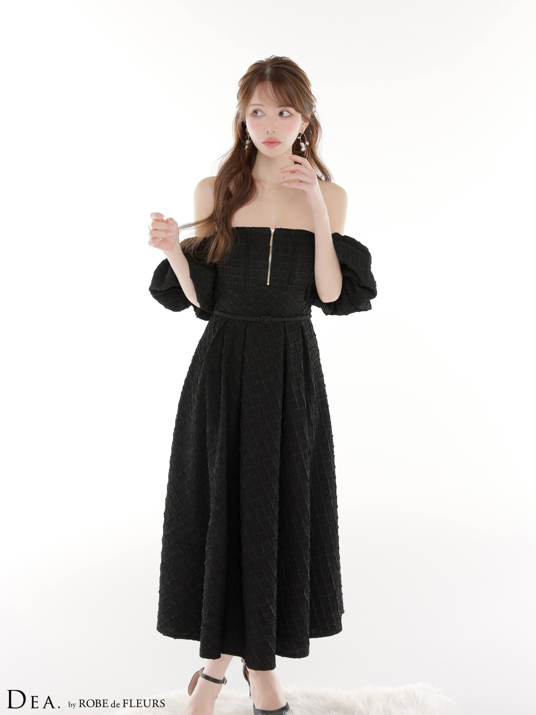 DEA. ディア バイ ローブドフルール 【Lサイズあり】 ラメジャガードオフショルバルーンスリーブロングキャバドレス de4334-c