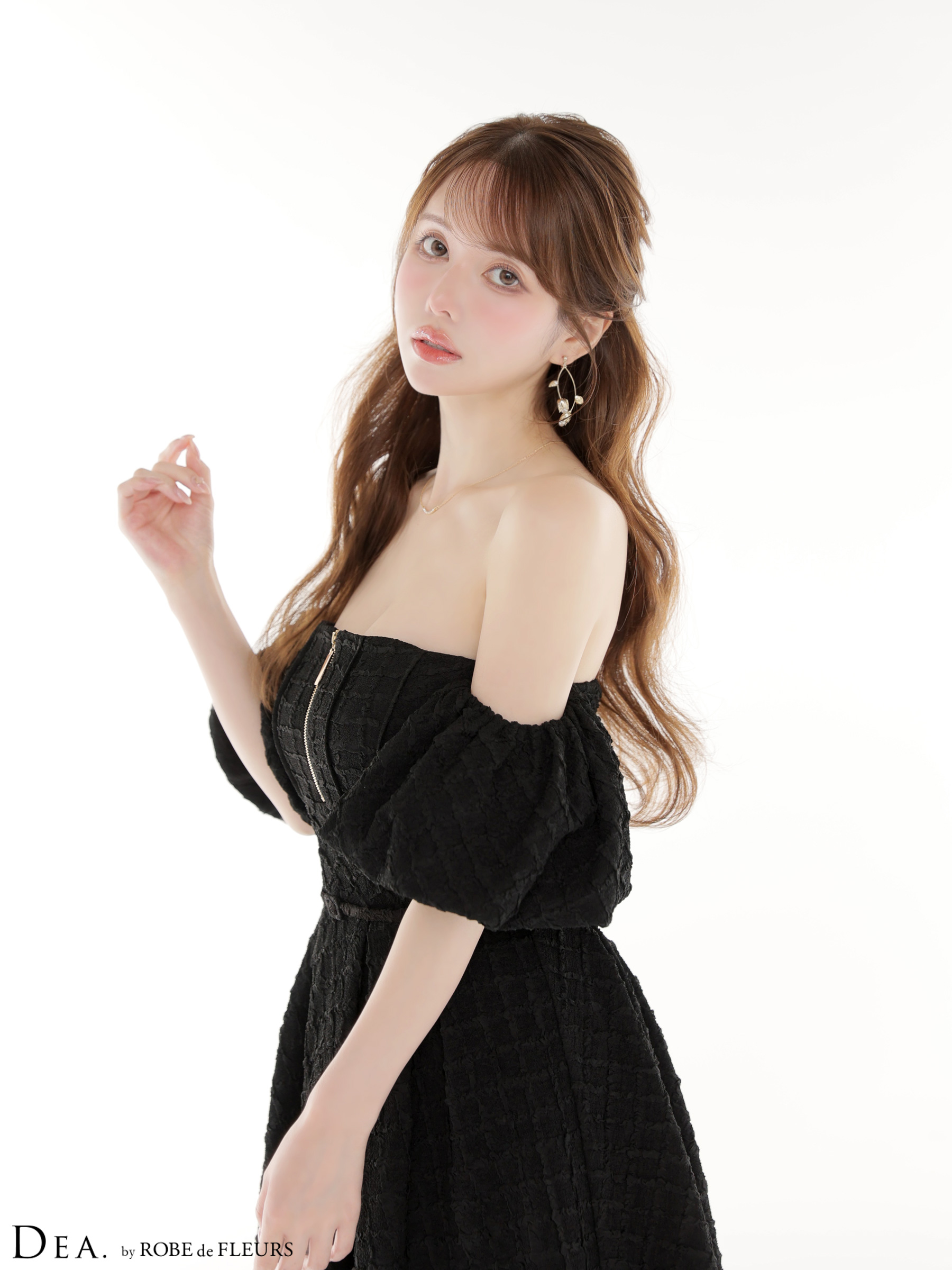 DEA. ディア バイ ローブドフルール 【Lサイズあり】 ラメジャガードオフショルバルーンスリーブロングキャバドレス de4334-c