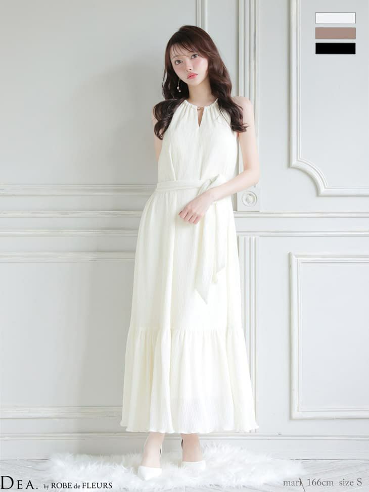 DEA. ディア バイ ローブドフルール 【S～Lサイズあり】 シフォンプリーツVネックウエストリボンロングキャバドレス de4626-c