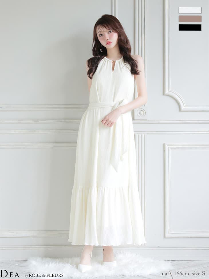 DEA. ディア バイ ローブドフルール 【S～Lサイズあり】 シフォンプリーツVネックウエストリボンロングキャバドレス de4626-c