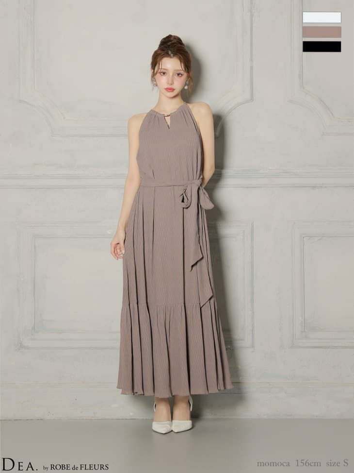 DEA. ディア バイ ローブドフルール 【S～Lサイズあり】 シフォンプリーツVネックウエストリボンロングキャバドレス de4626-c