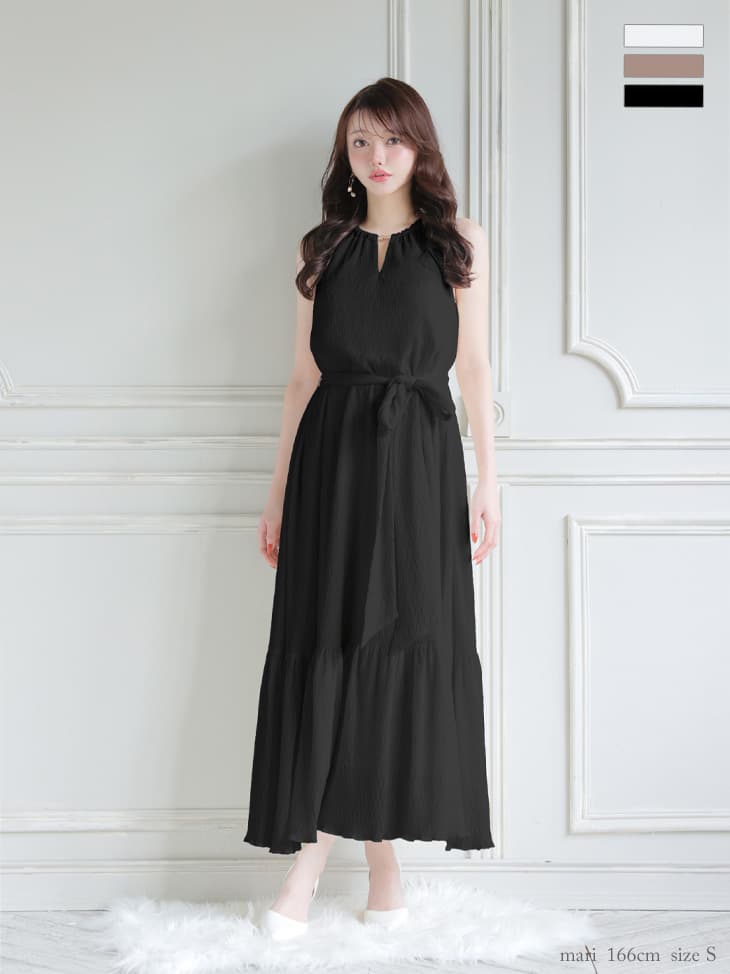 DEA. ディア バイ ローブドフルール 【S～Lサイズあり】 シフォンプリーツVネックウエストリボンロングキャバドレス de4626-c