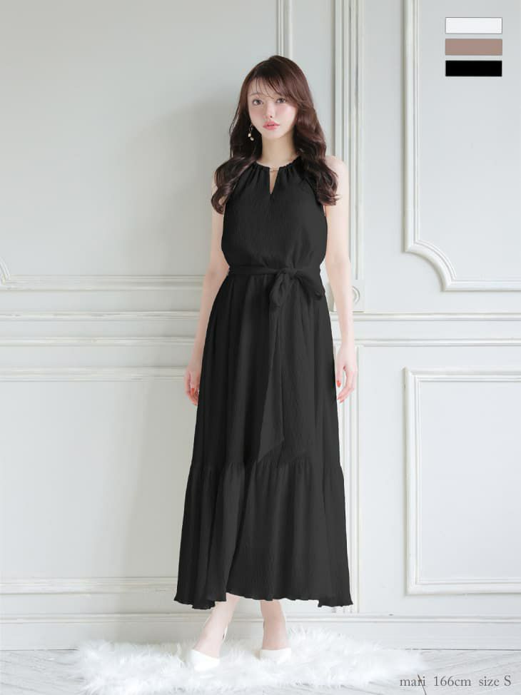 DEA. ディア バイ ローブドフルール 【S～Lサイズあり】 シフォンプリーツVネックウエストリボンロングキャバドレス de4626-c