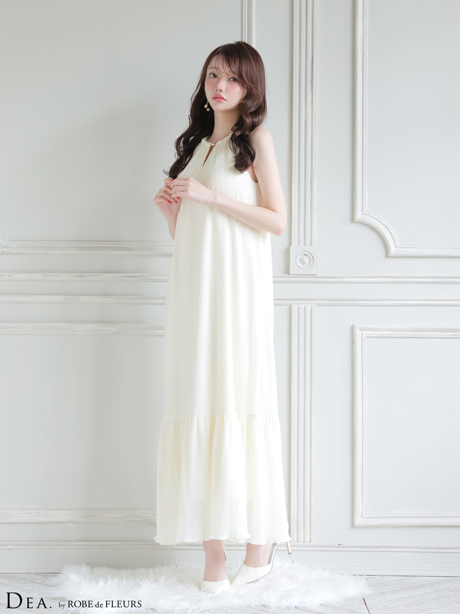 DEA. ディア バイ ローブドフルール 【S～Lサイズあり】 シフォンプリーツVネックウエストリボンロングキャバドレス de4626-c