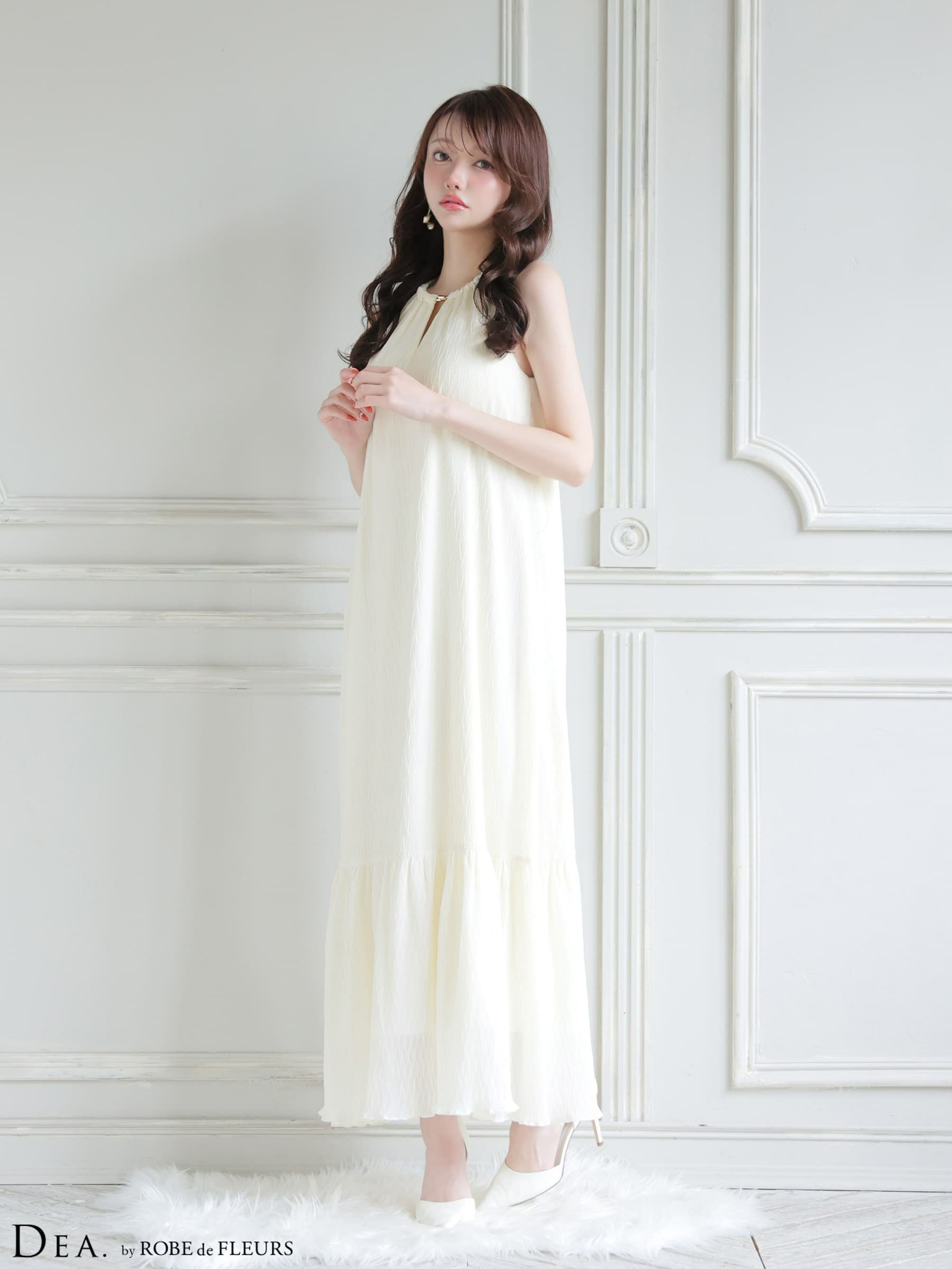 DEA. ディア バイ ローブドフルール 【S～Lサイズあり】 シフォンプリーツVネックウエストリボンロングキャバドレス de4626-c