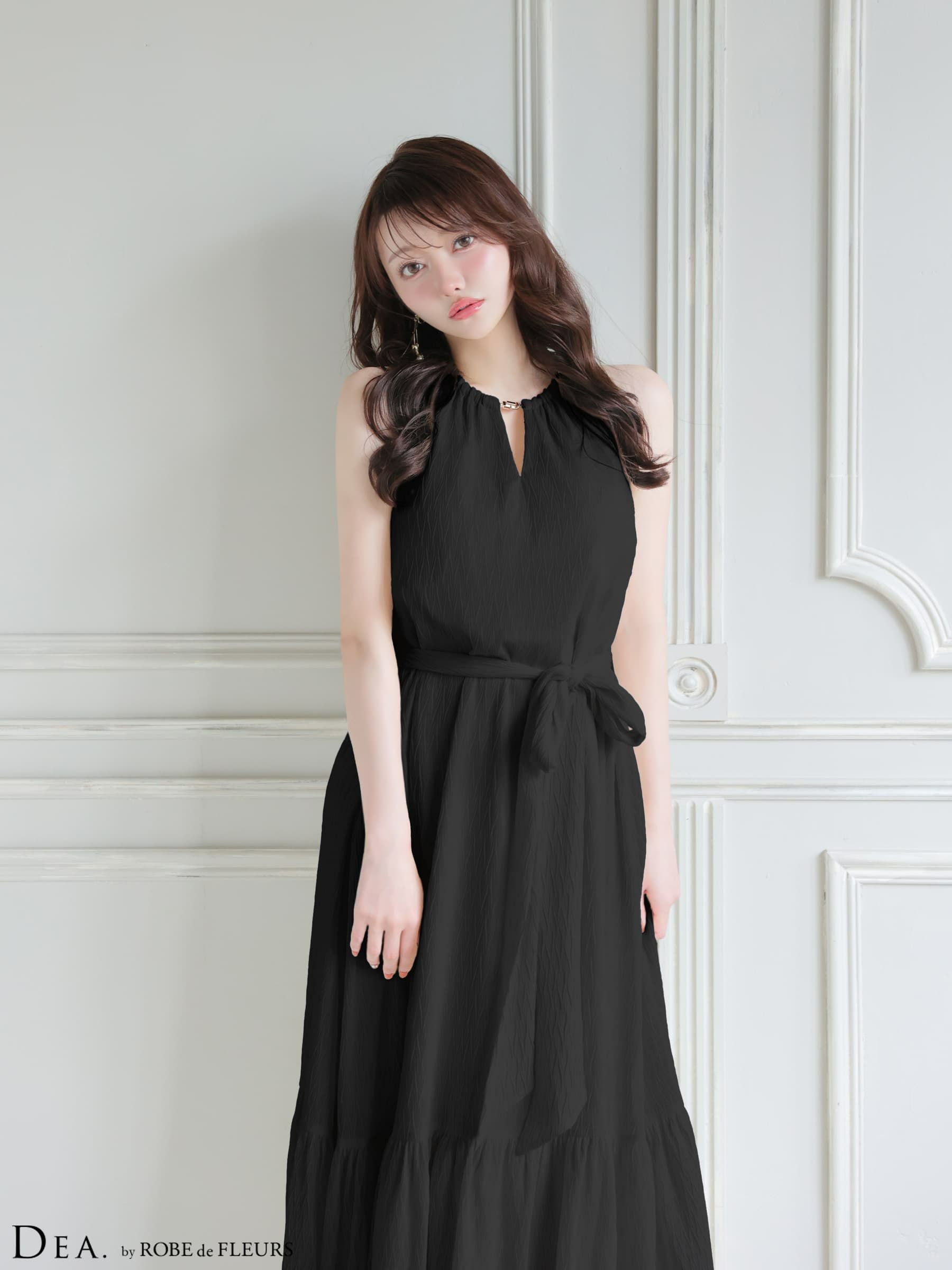 DEA. ディア バイ ローブドフルール 【S～Lサイズあり】 シフォンプリーツVネックウエストリボンロングキャバドレス de4626-c