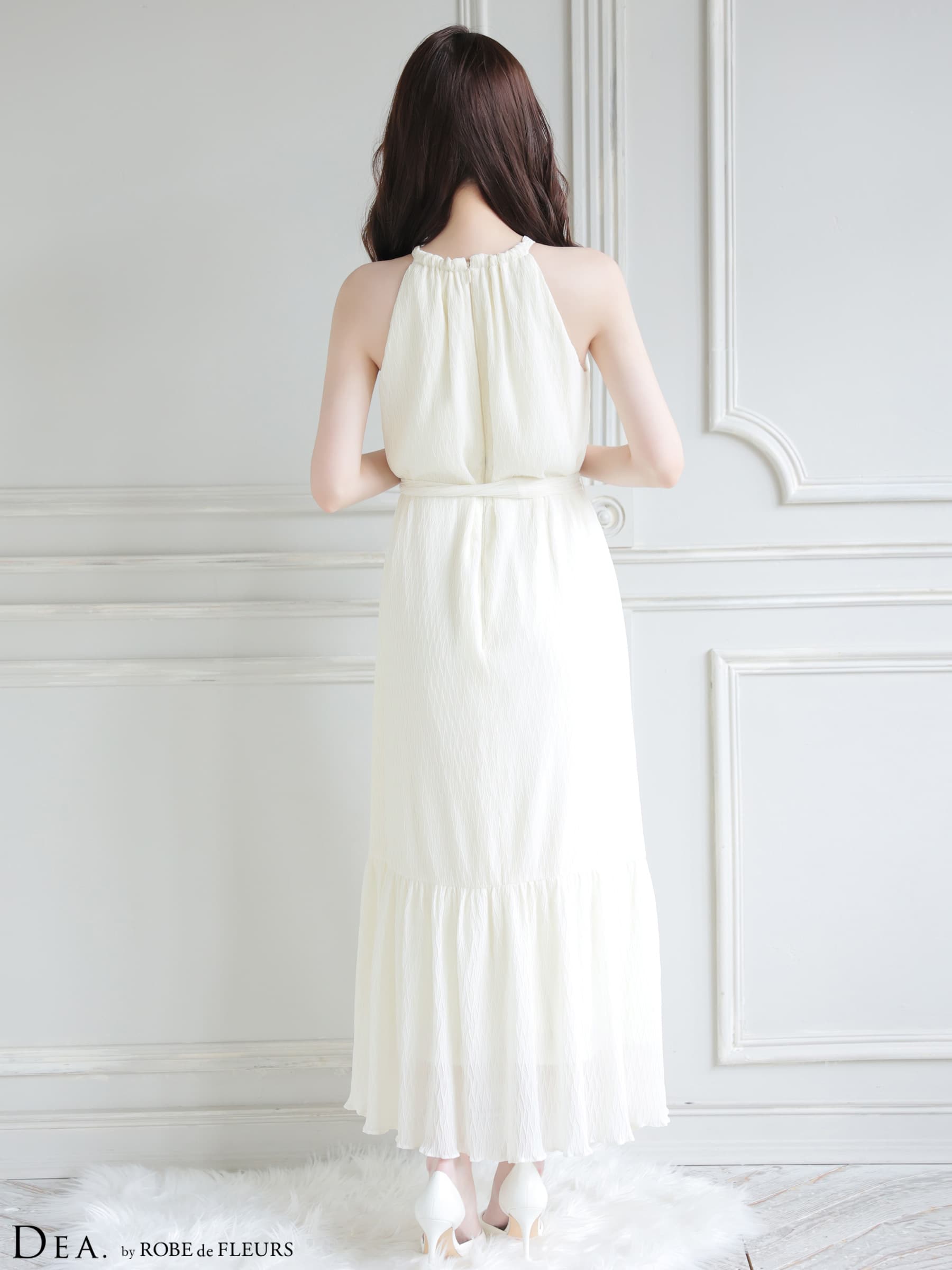DEA. ディア バイ ローブドフルール 【S～Lサイズあり】 シフォンプリーツVネックウエストリボンロングキャバドレス de4626-c