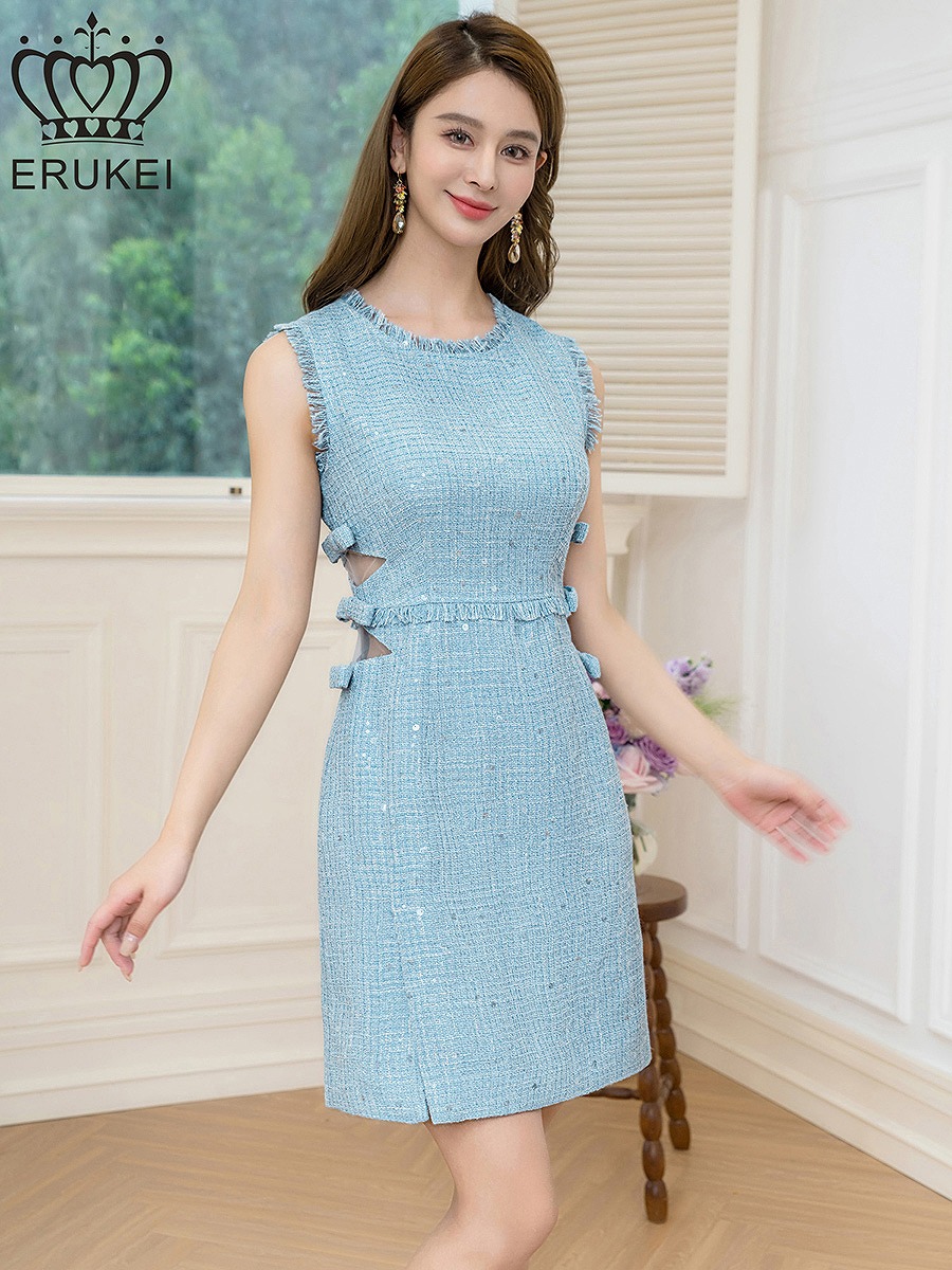 ERUKEI エルケイ ノースリーブ・フリンジ・スパンコール・ラメ糸・ツイード・リボン・カットアウト・スリット・Aライン・ミニドレス・ワンピース ek-e25013