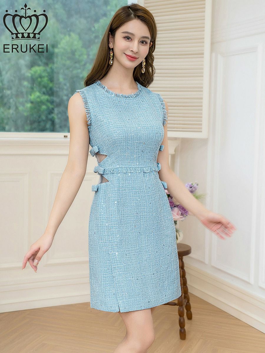 ERUKEI エルケイ ノースリーブ・フリンジ・スパンコール・ラメ糸・ツイード・リボン・カットアウト・スリット・Aライン・ミニドレス・ワンピース ek-e25013