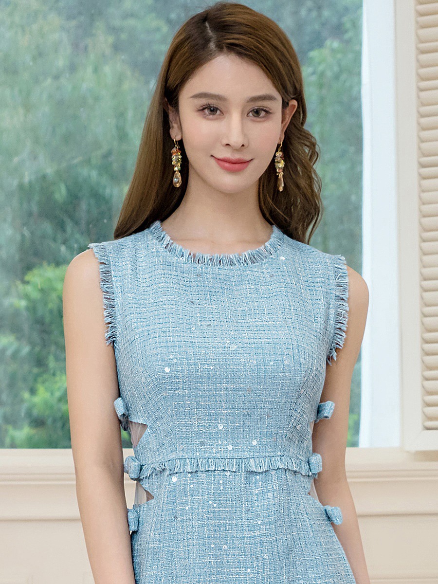 ERUKEI エルケイ ノースリーブ・フリンジ・スパンコール・ラメ糸・ツイード・リボン・カットアウト・スリット・Aライン・ミニドレス・ワンピース ek-e25013