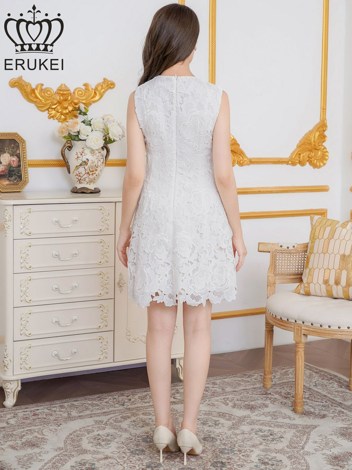 ERUKEI エルケイ 総レース・ケミカルレース・ノースリーブ・Vネック・Aライン・ミニドレス・ワンピース ek-e25188