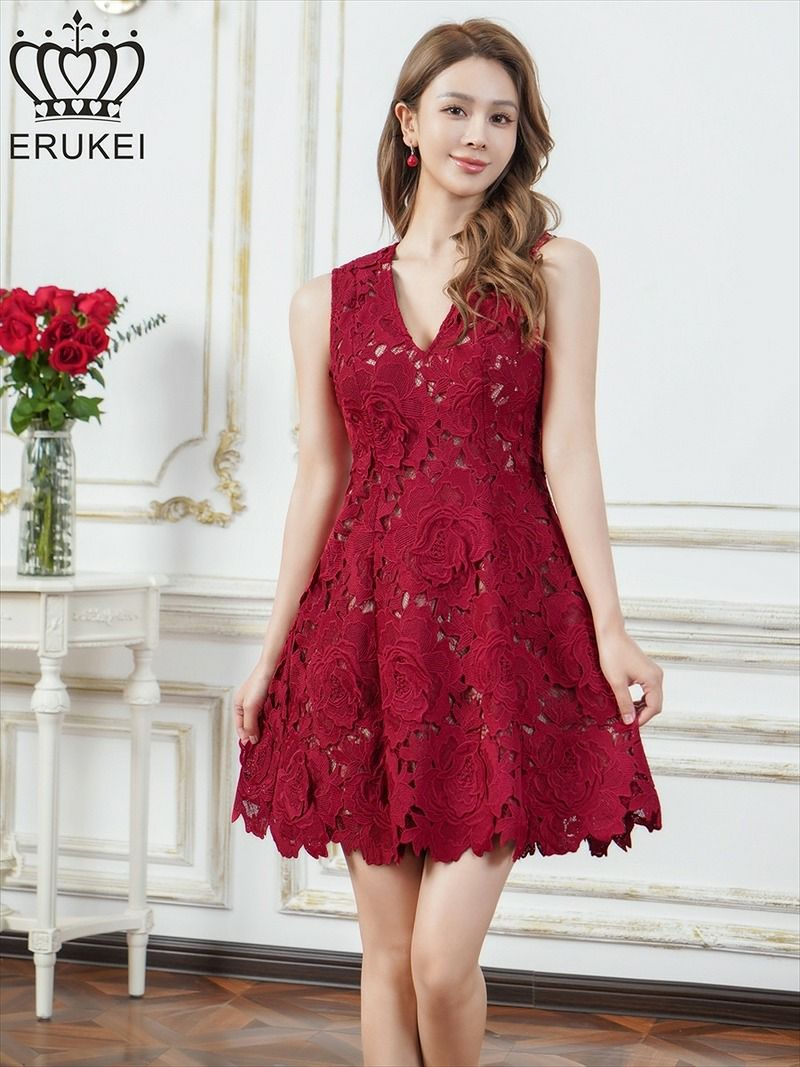 ERUKEI エルケイ 総レース・ケミカルレース・ノースリーブ・Vネック・Aライン・ミニドレス・ワンピース ek-e25188