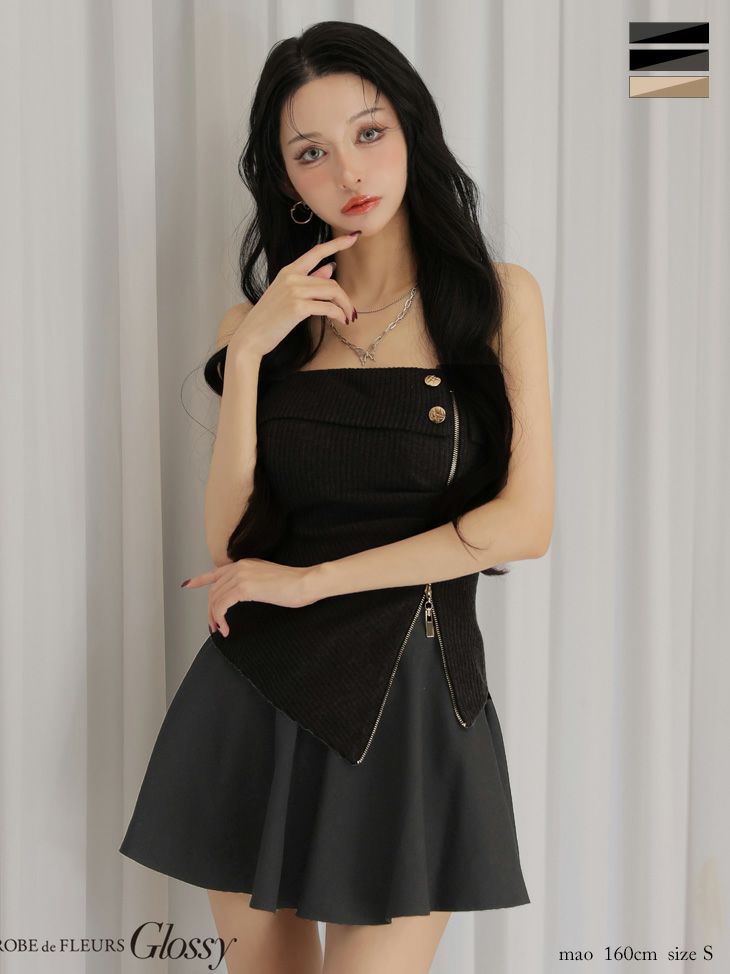 Glossy ローブドフルールグロッシー 【XSサイズあり】ベアトップアシンメトリーセットアップフレアミニキャバドレス gl4607