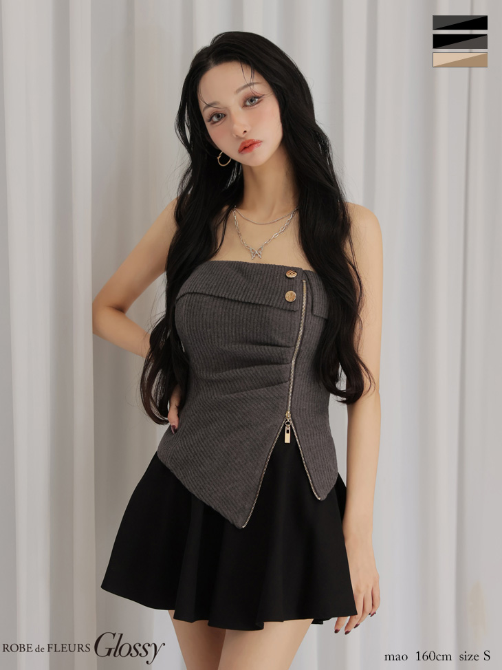 Glossy ローブドフルールグロッシー 【XSサイズあり】ベアトップアシンメトリーセットアップフレアミニキャバドレス gl4607