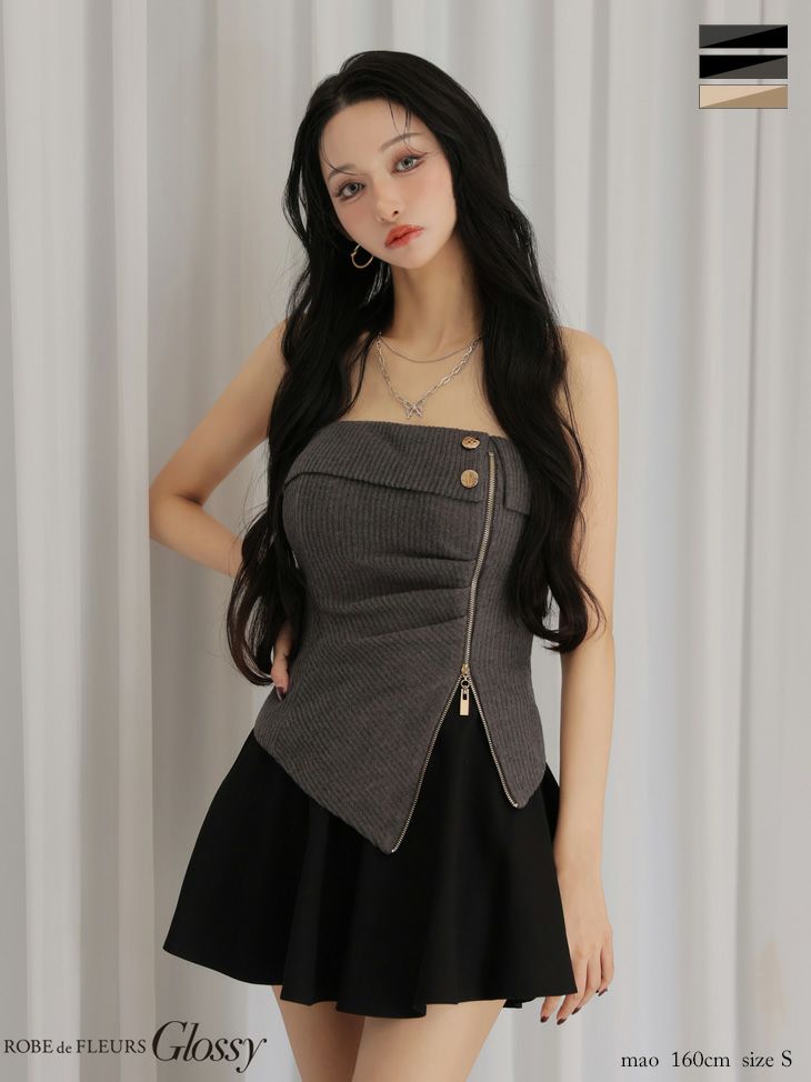 Glossy ローブドフルールグロッシー 【XSサイズあり】ベアトップアシンメトリーセットアップフレアミニキャバドレス gl4607