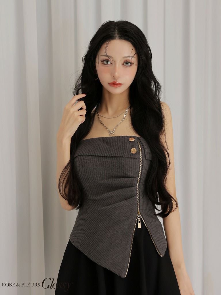 Glossy ローブドフルールグロッシー 【XSサイズあり】ベアトップアシンメトリーセットアップフレアミニキャバドレス gl4607