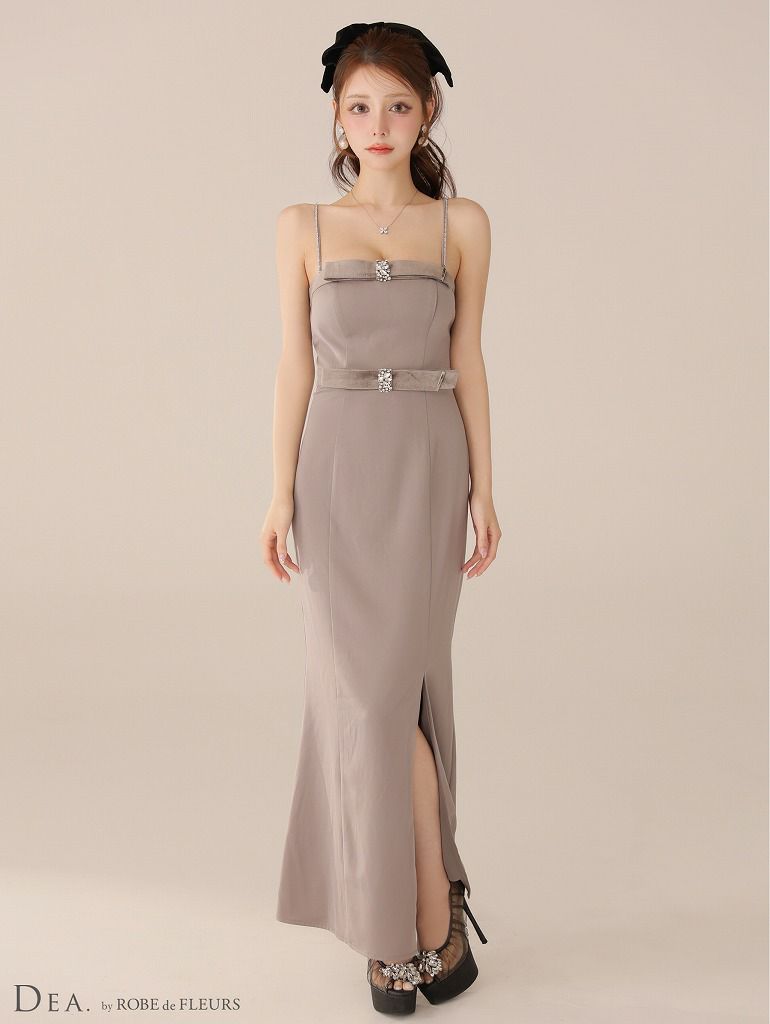 DEA. ディア バイ ローブドフルール 【Lサイズあり】サテンベロアスリットロングキャミキャバドレス de4118