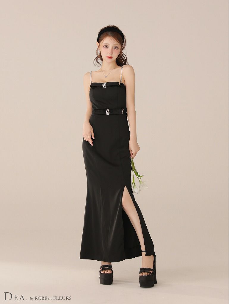 DEA. ディア バイ ローブドフルール 【Lサイズあり】サテンベロアスリットロングキャミキャバドレス de4118