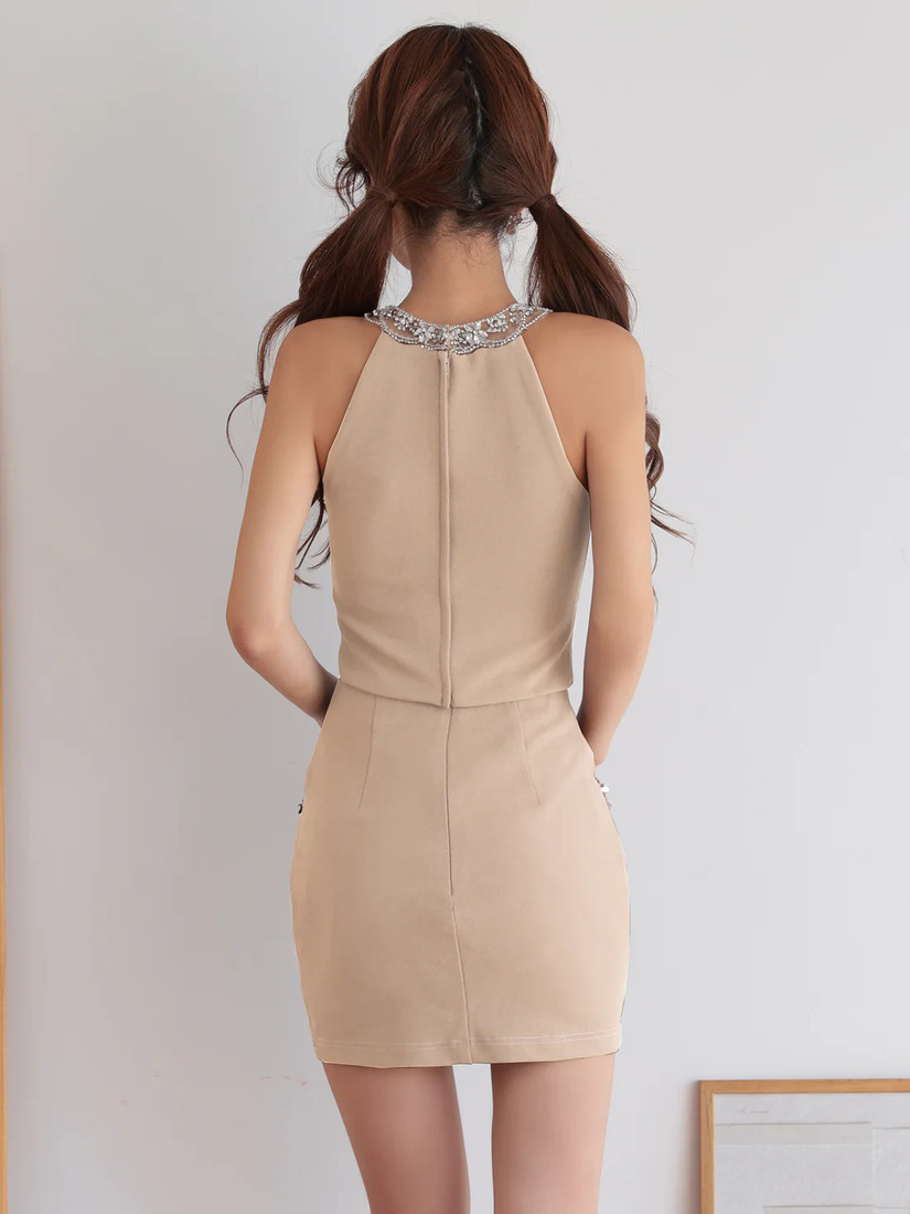 AngelR エンジェルアール ホルターネックパールチェーンビジューセパレート2ピースポケット付きタイトマイクロミニドレス ar25350