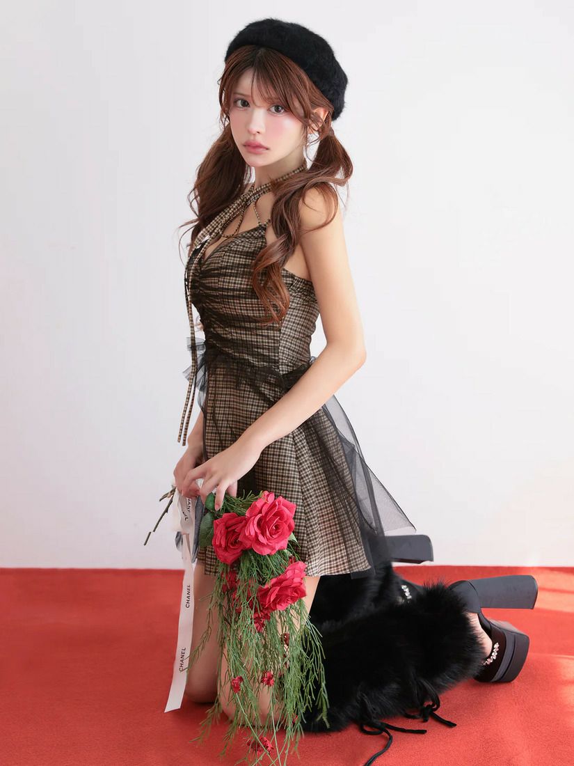 AngelR エンジェルアール クロスネックチェックレースフレアマイクロミニドレス ar25866