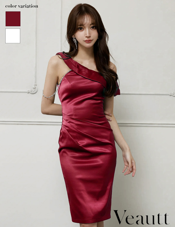 Veautt ヴュート ワンショルダービジューチェーンサテンタイトミディアムドレス  vt082525