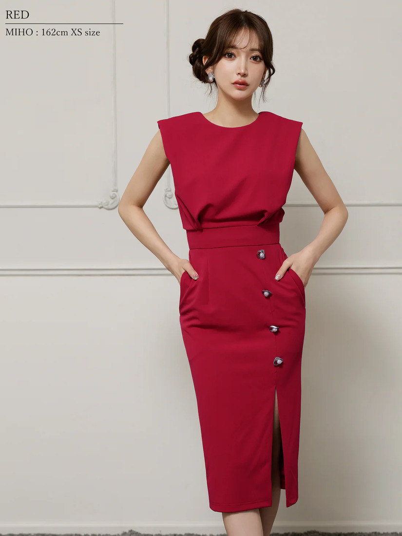 Veautt ヴュート ノースリーブウエストマークボタンサイドスリットタイトミディアムドレス  vt082527-ks