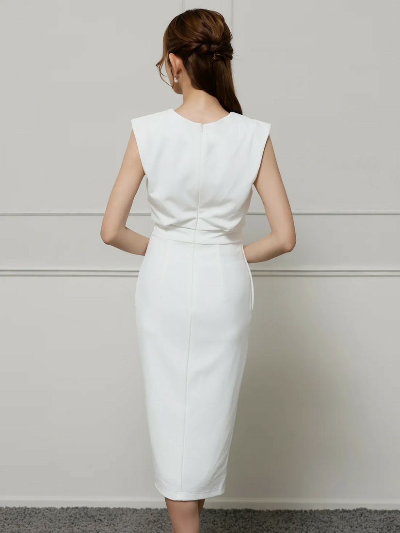 Veautt ヴュート ノースリーブウエストマークボタンサイドスリットタイトミディアムドレス  vt082527-ks