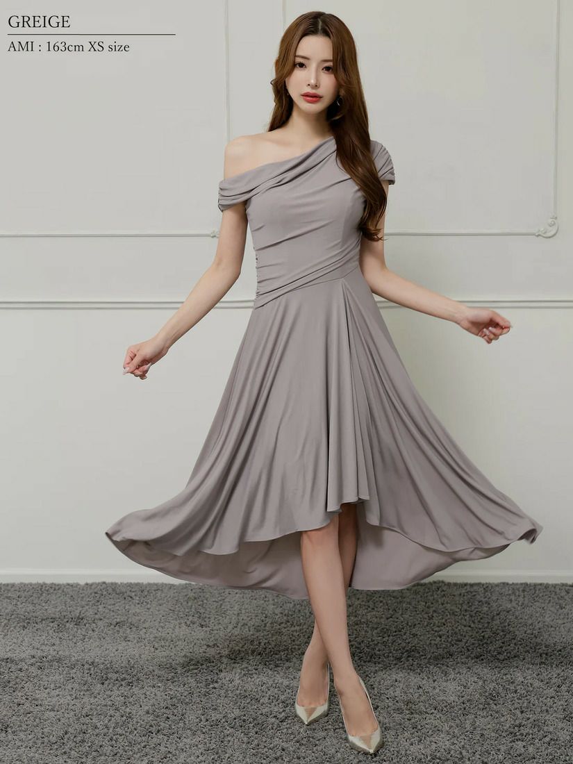 Veautt ヴュート ワンショルダーアシンメトリーフレアミディアムドレス  vt022527-ks