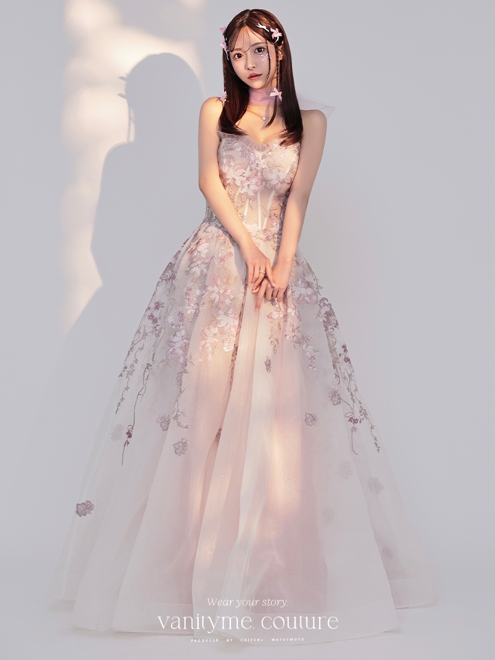  vanityME.couture. バニティミークチュール エレガントフラワー立体刺繍 スパンコール コルセット プリンセス ロングドレス バースデードレス モーヴ vctr-l-a1455