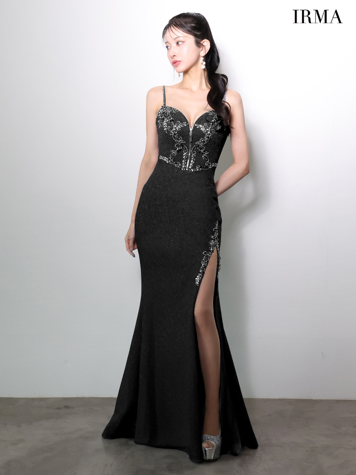 IRMA イルマ フロントジップ/ビジュー刺繍/スリット入り/タイト ロングドレス ir51970-c
