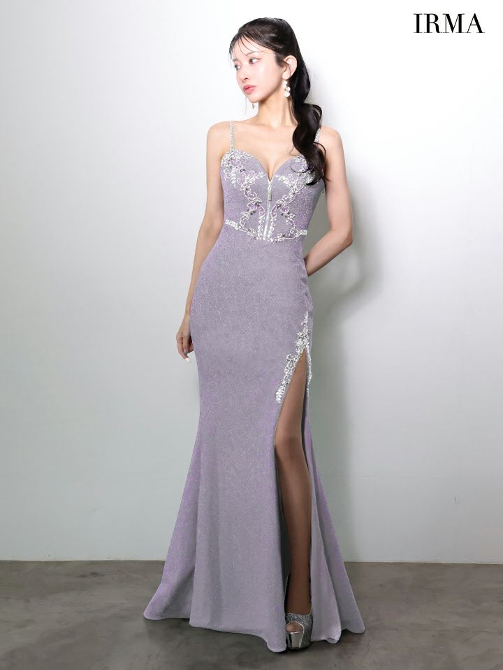 IRMA イルマ フロントジップ/ビジュー刺繍/スリット入り/タイト ロングドレス ir51970-c