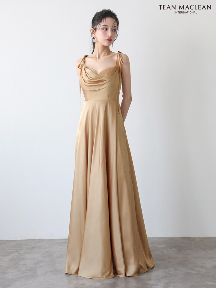 JEAN MACLEAN ジャンマクレーン ラグジュアリーサテン/ワンカラー/リボンショルダー/ドレープ/Aライン/フレア/ロングドレス ja51975-c