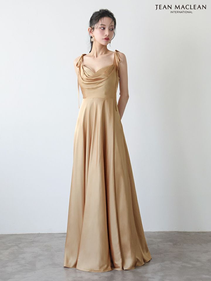JEAN MACLEAN ジャンマクレーン ラグジュアリーサテン/ワンカラー/リボンショルダー/ドレープ/Aライン/フレア/ロングドレス ja51975-c