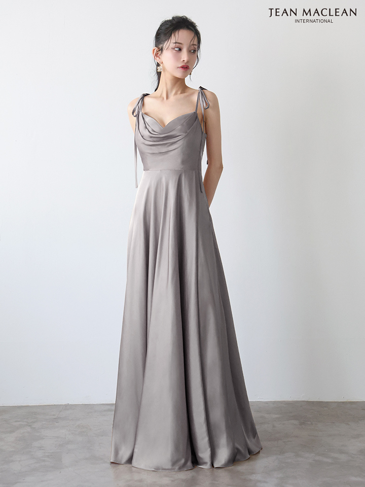 JEAN MACLEAN ジャンマクレーン ラグジュアリーサテン/ワンカラー/リボンショルダー/ドレープ/Aライン/フレア/ロングドレス ja51975-c