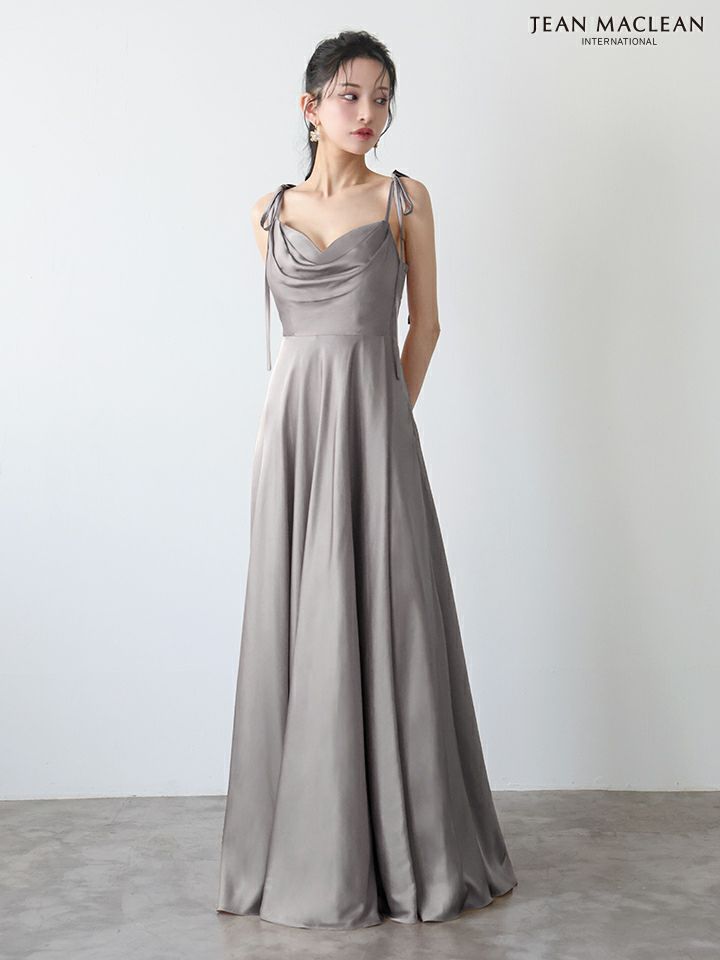 JEAN MACLEAN ジャンマクレーン ラグジュアリーサテン/ワンカラー/リボンショルダー/ドレープ/Aライン/フレア/ロングドレス ja51975-c
