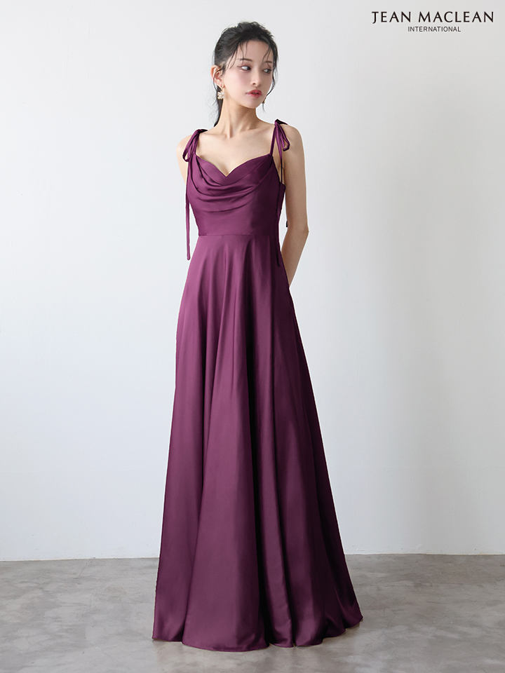 JEAN MACLEAN ジャンマクレーン ラグジュアリーサテン/ワンカラー/リボンショルダー/ドレープ/Aライン/フレア/ロングドレス ja51975-c
