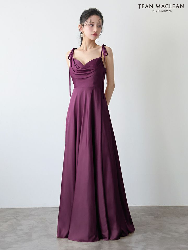 JEAN MACLEAN ジャンマクレーン ラグジュアリーサテン/ワンカラー/リボンショルダー/ドレープ/Aライン/フレア/ロングドレス ja51975-c