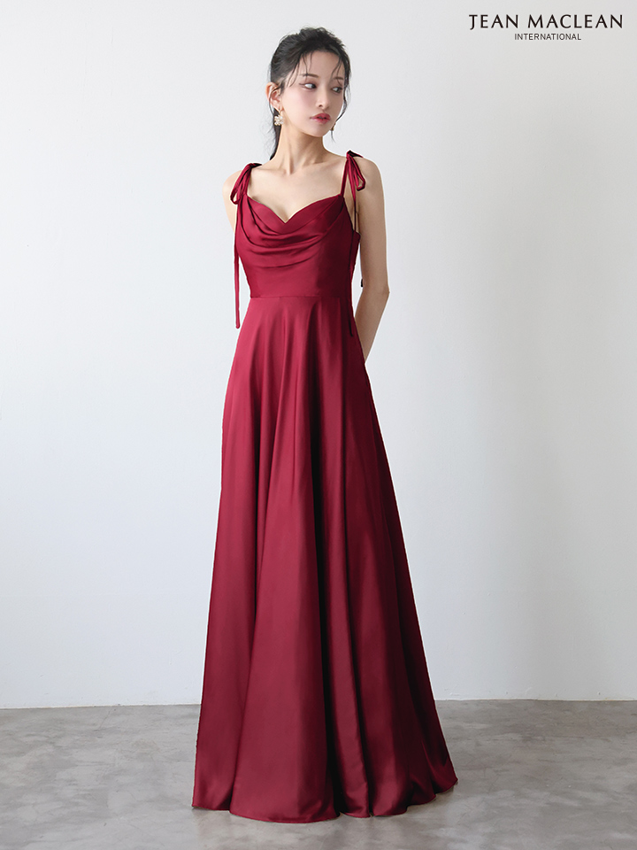 JEAN MACLEAN ジャンマクレーン ラグジュアリーサテン/ワンカラー/リボンショルダー/ドレープ/Aライン/フレア/ロングドレス ja51975-c