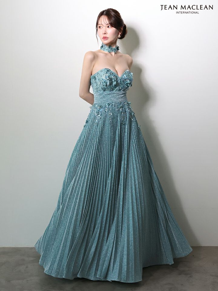 JEAN MACLEAN ジャンマクレーン フラワーモチーフ/ラメニット/チョーカー付き/プリーツ/Aライン/ロングドレス ja51977-c