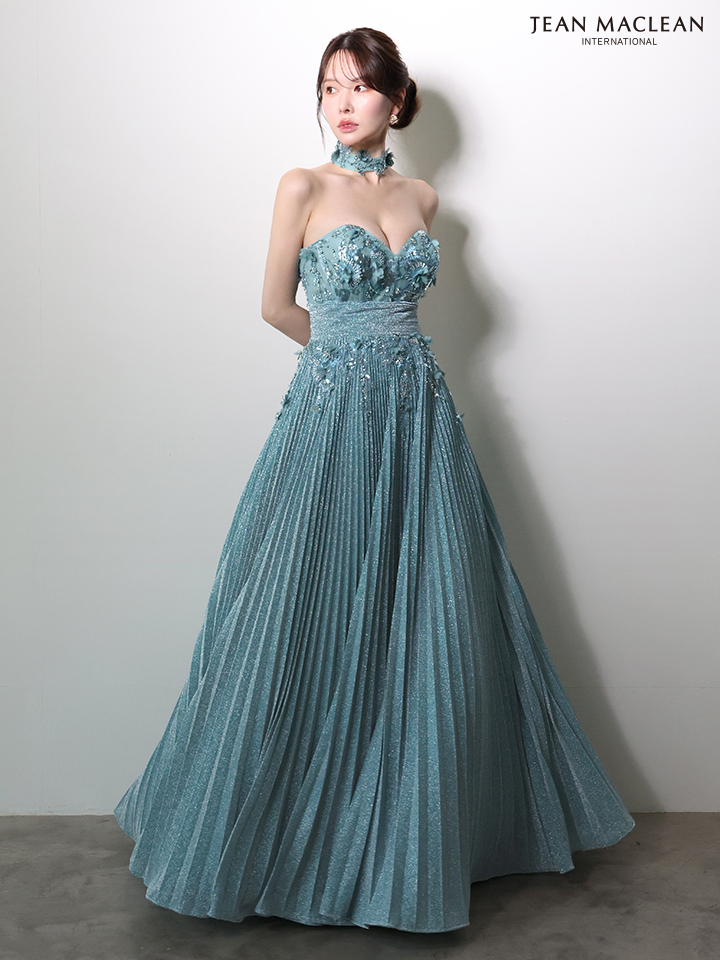 JEAN MACLEAN ジャンマクレーン フラワーモチーフ/ラメニット/チョーカー付き/プリーツ/Aライン/ロングドレス ja51977-c