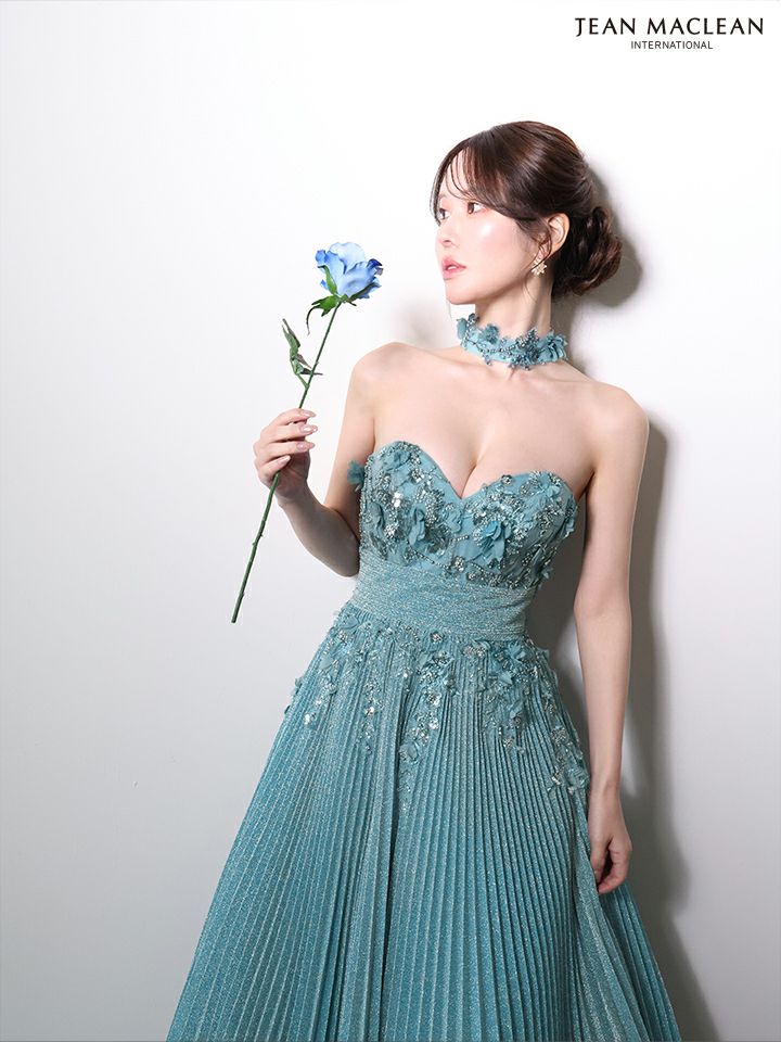 JEAN MACLEAN ジャンマクレーン フラワーモチーフ/ラメニット/チョーカー付き/プリーツ/Aライン/ロングドレス ja51977-c