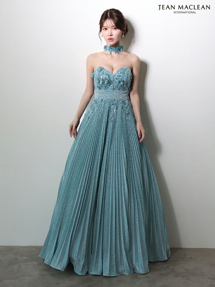 JEAN MACLEAN ジャンマクレーン フラワーモチーフ/ラメニット/チョーカー付き/プリーツ/Aライン/ロングドレス ja51977-c